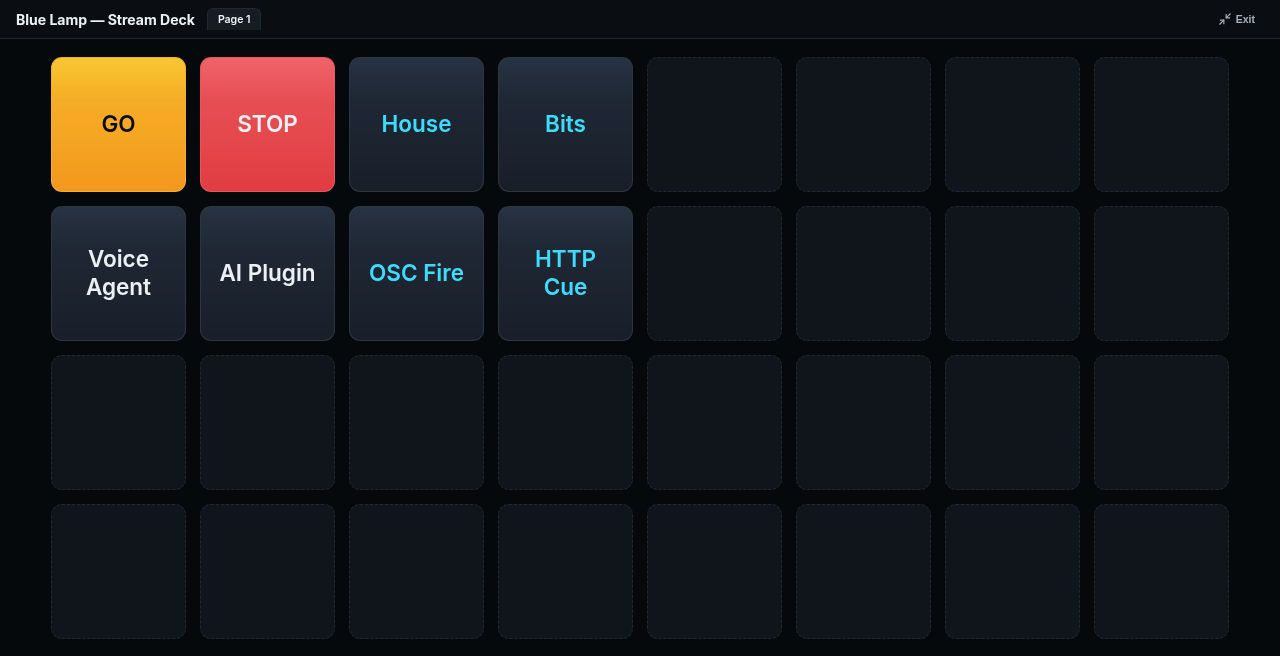 Blue Lamp — Stream Deck Action Deck — GO, STOP, House, Bits, Voice Agent, AI Plugin, OSC Fire, and HTTP Cue tiles