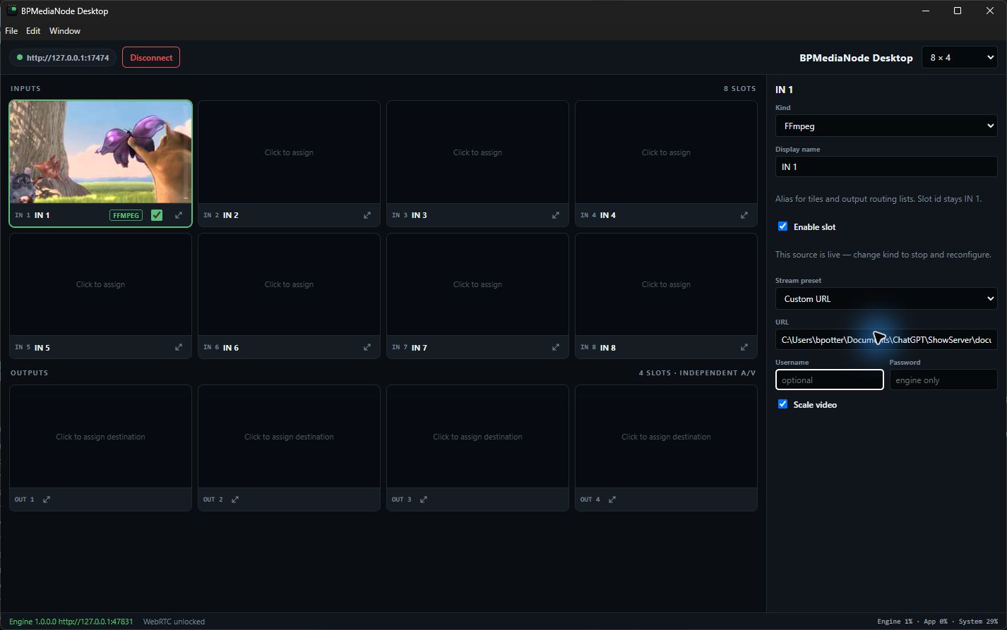 IN 1 configured as an enabled FFmpeg movie input with a live Big Buck Bunny preview