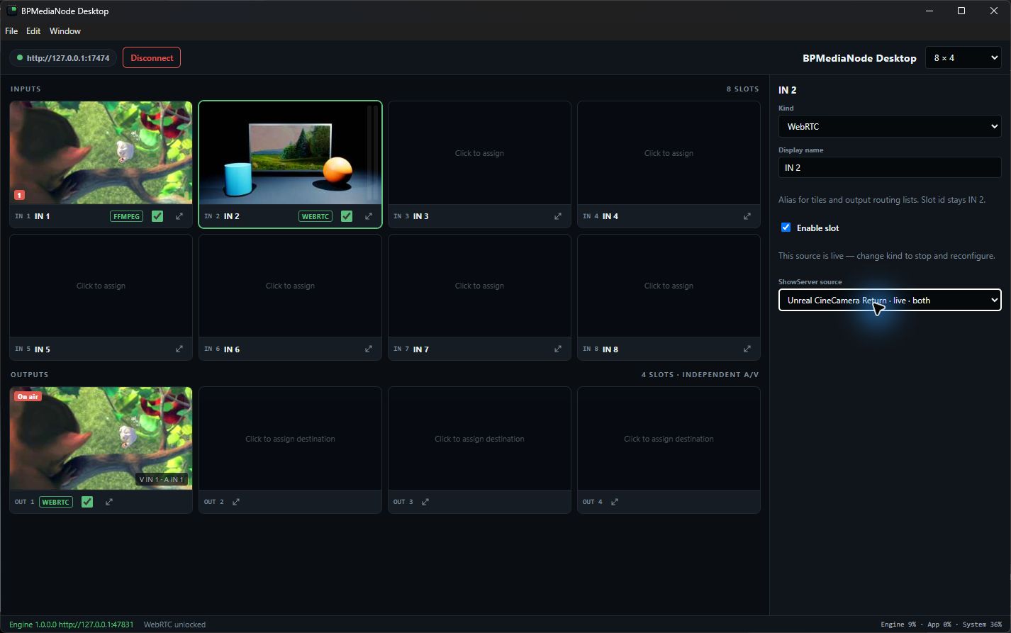 MediaNode IN 2 receives the rendered Unreal scene via ShowServer