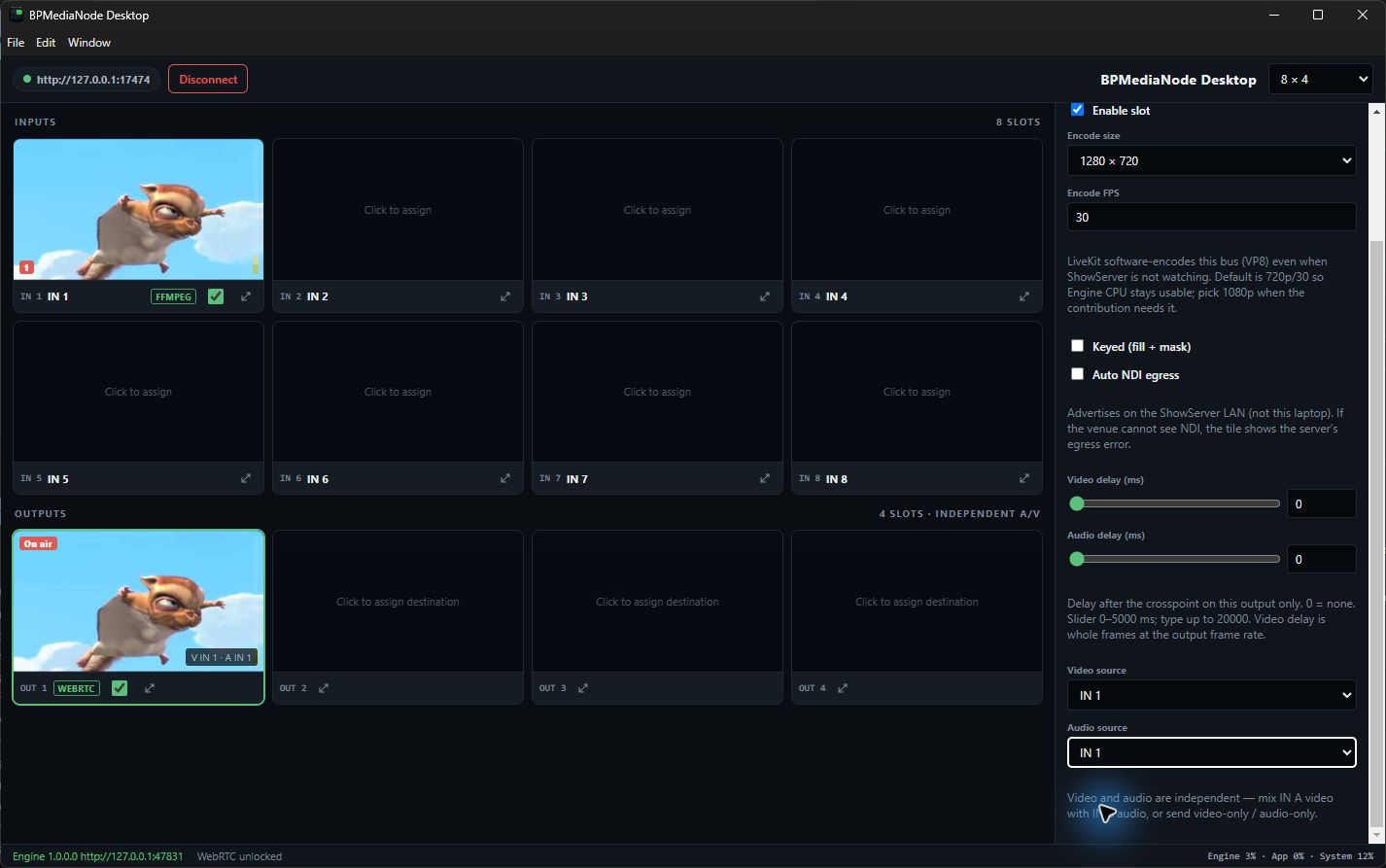 OUT 1 with both video and audio routed from IN 1