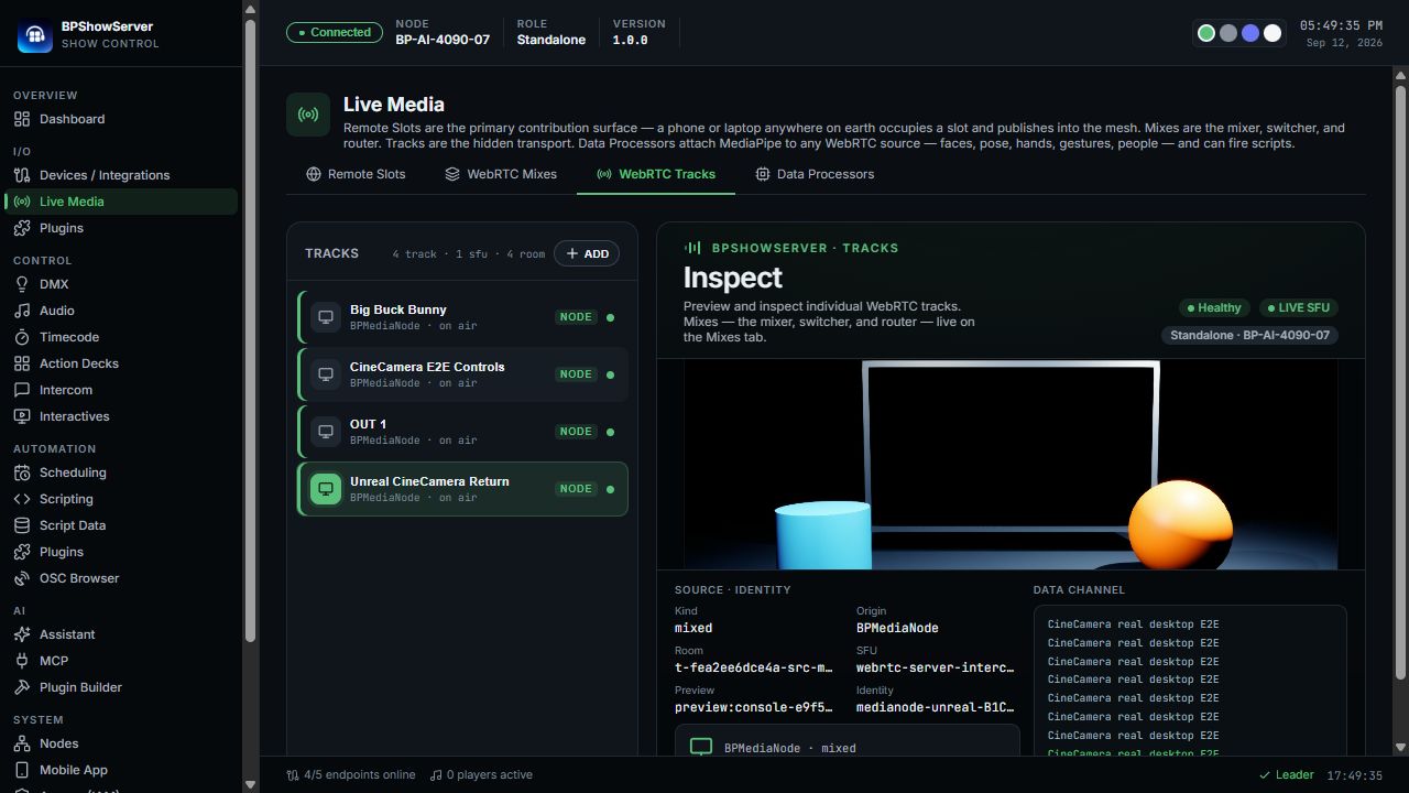 Unreal sends RTC data back to ShowServer alongside its rendered scene