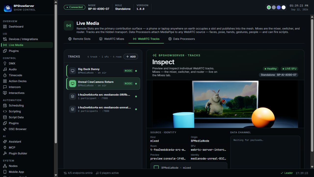 The direct CineCamera return decoded in ShowServer WebRTC Tracks