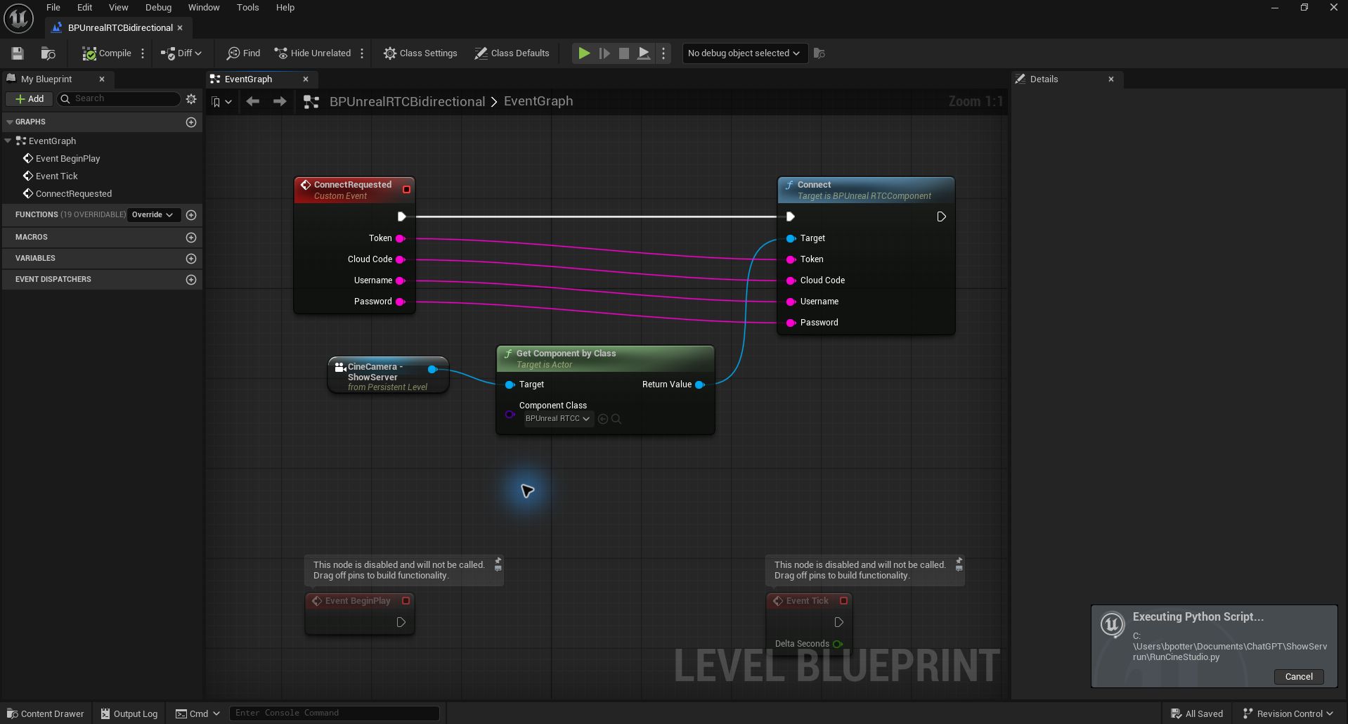 Compiled Level Blueprint: native CineCamera reference, typed RTC component lookup and runtime Connect inputs