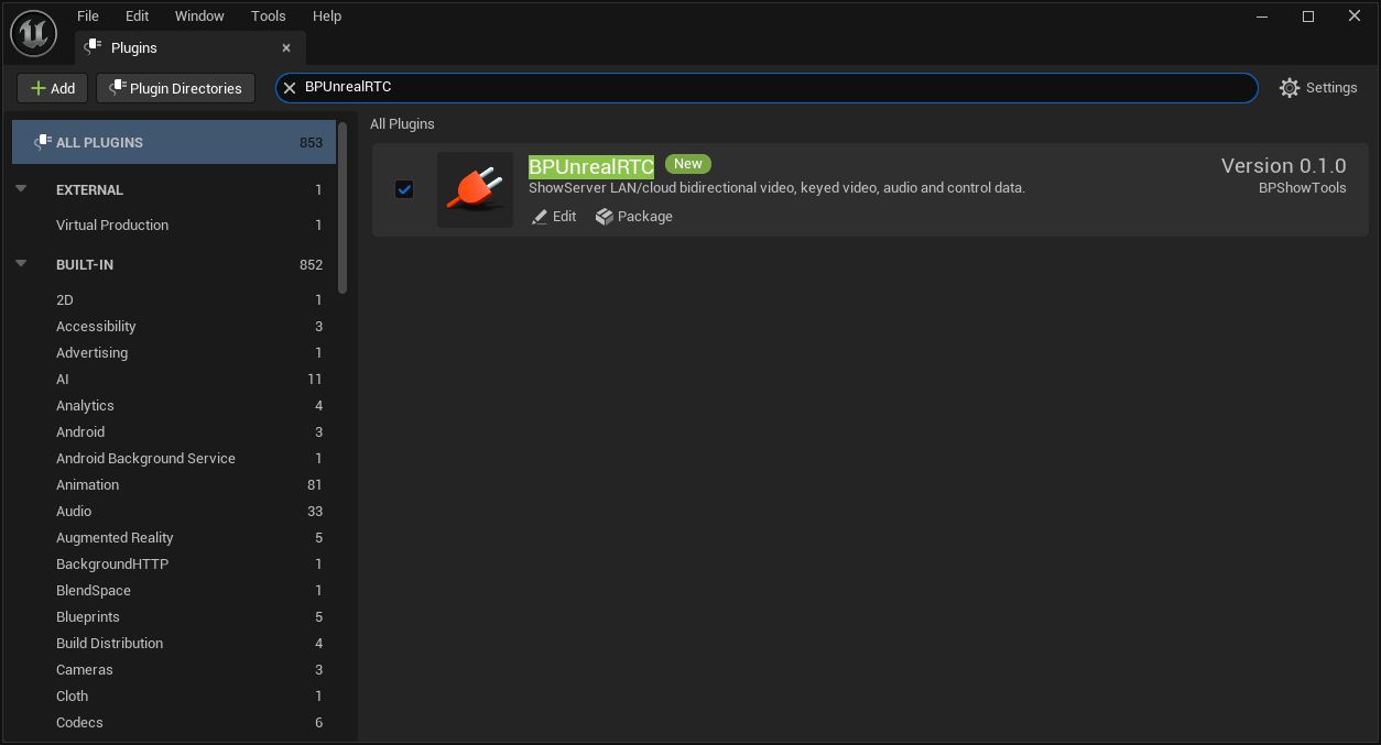 BPUnrealRTC enabled in the UE 5.8 Plugins window