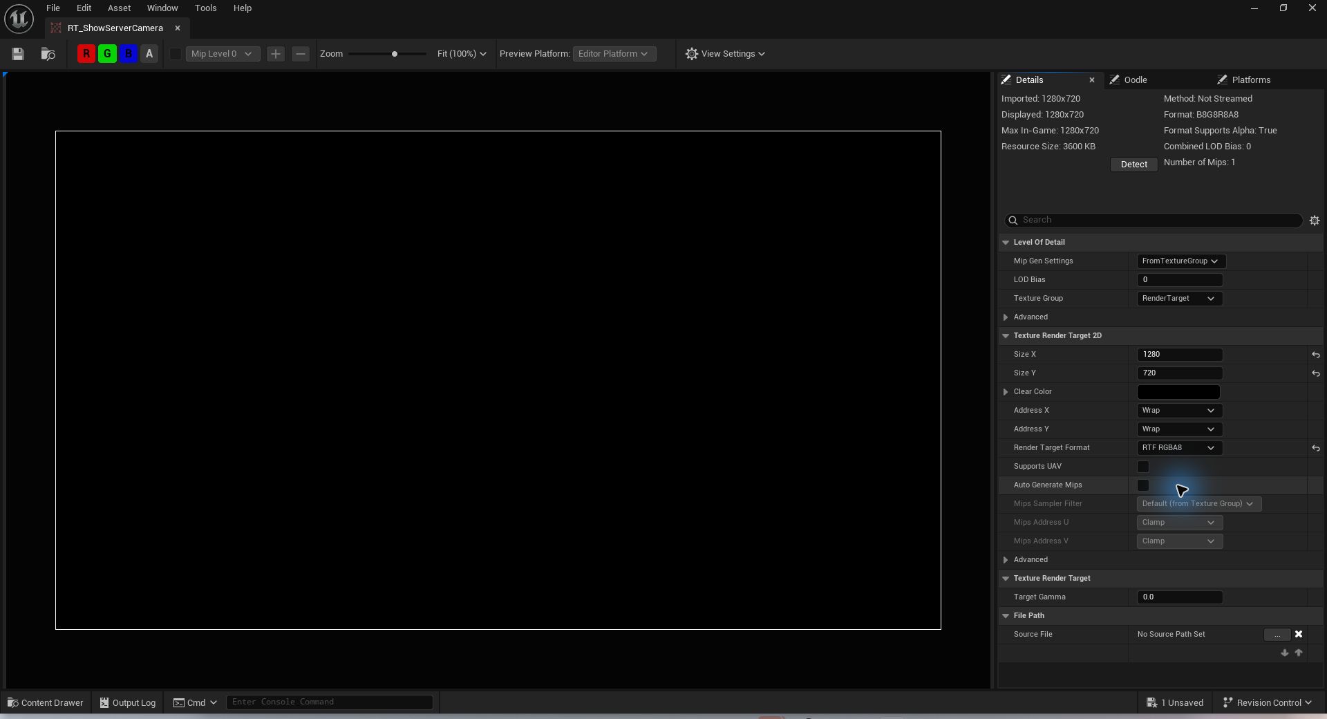 The render target uses 1280 by 720 and RTF RGBA8
