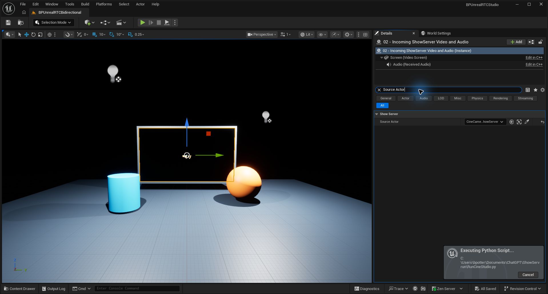 Receive surface Source Actor points to the existing CineCamera